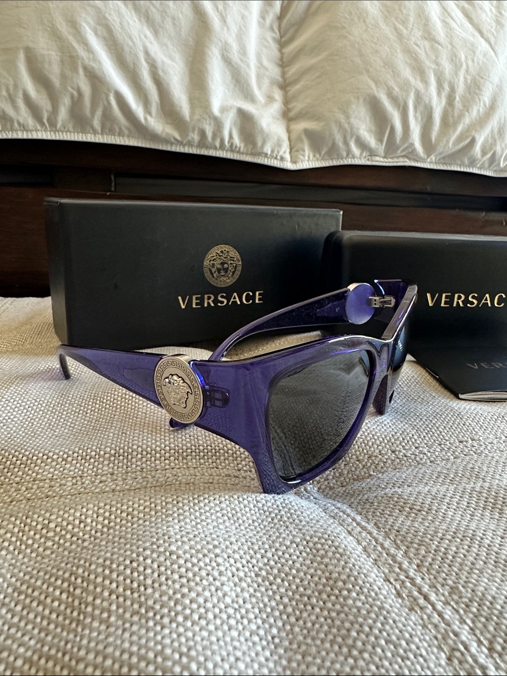 Versace Purple Cat-Eye Sunglasses with Medusa Coin Detail